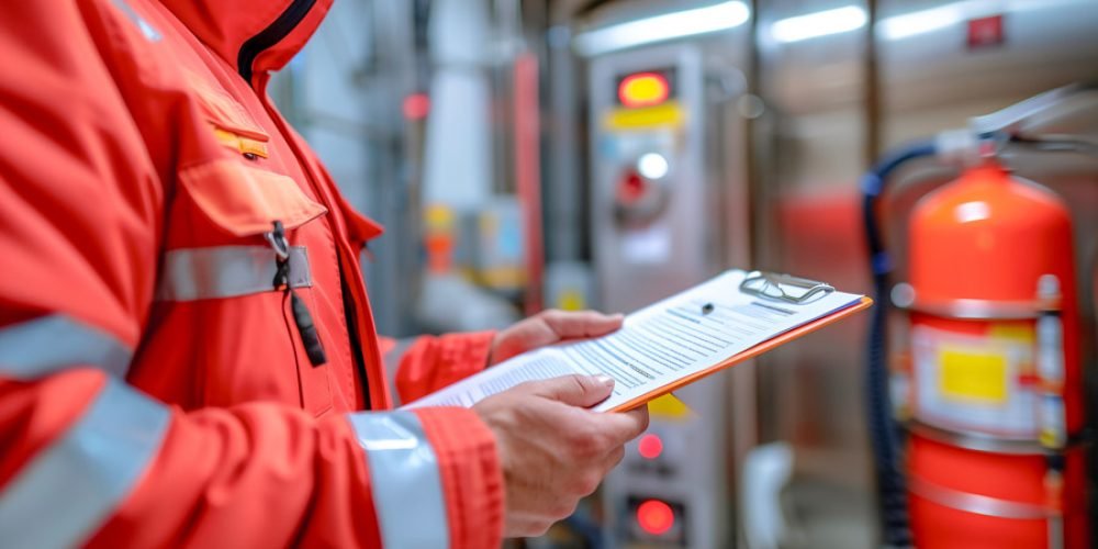 Professional Technician inspect fire extinguisher , annual inspection .